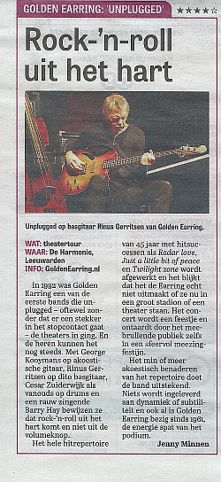 Golden Earring show review March 17 2015 Leeuwarden - Harmonie in Telegraaf newspaper March 19, 2015